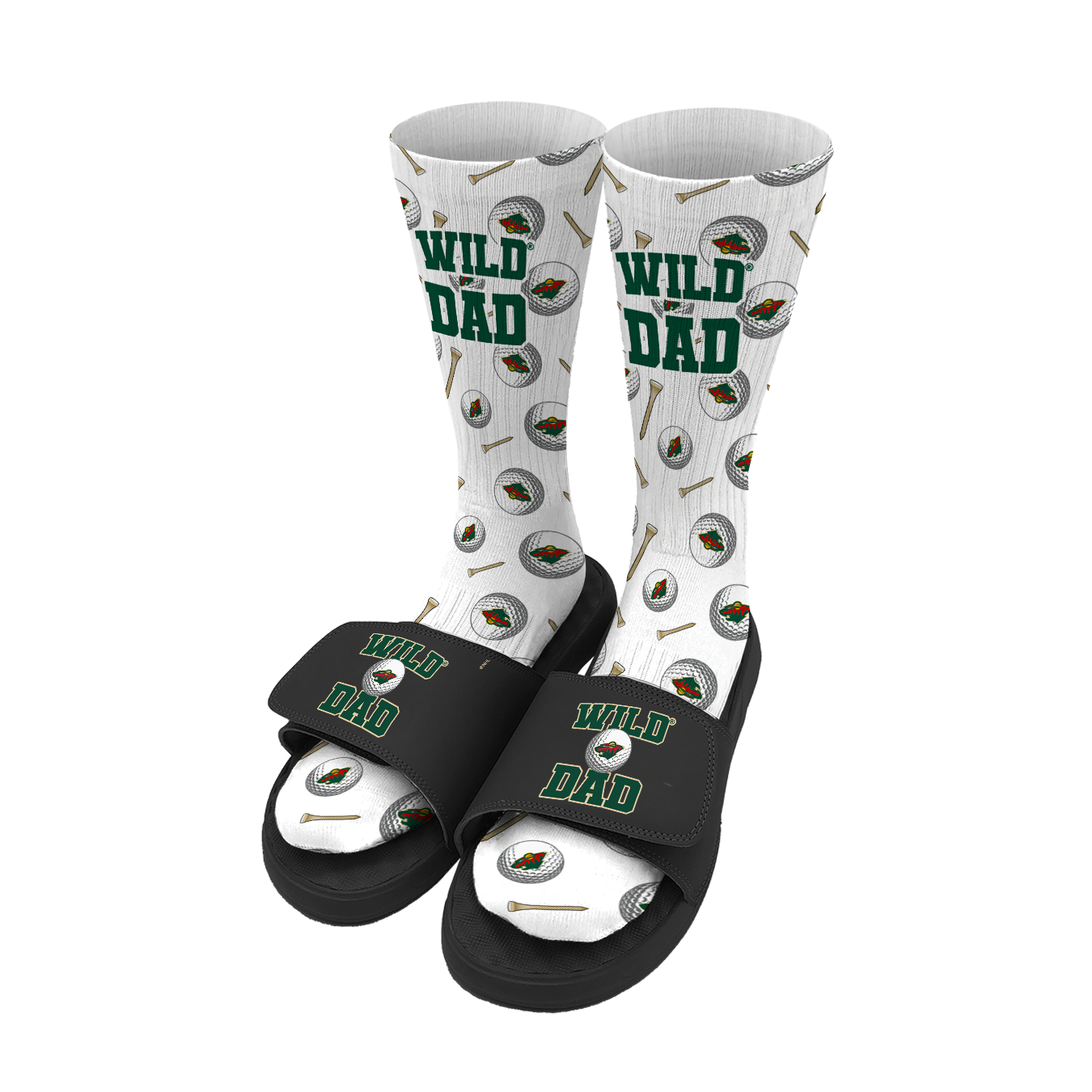 Minnesota Wild Golf Dad Father's Day Slide & Sock Bundle