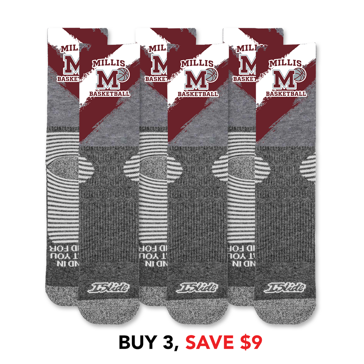 Millis Basketball Athletic Sock Paint Stripes Three Pack