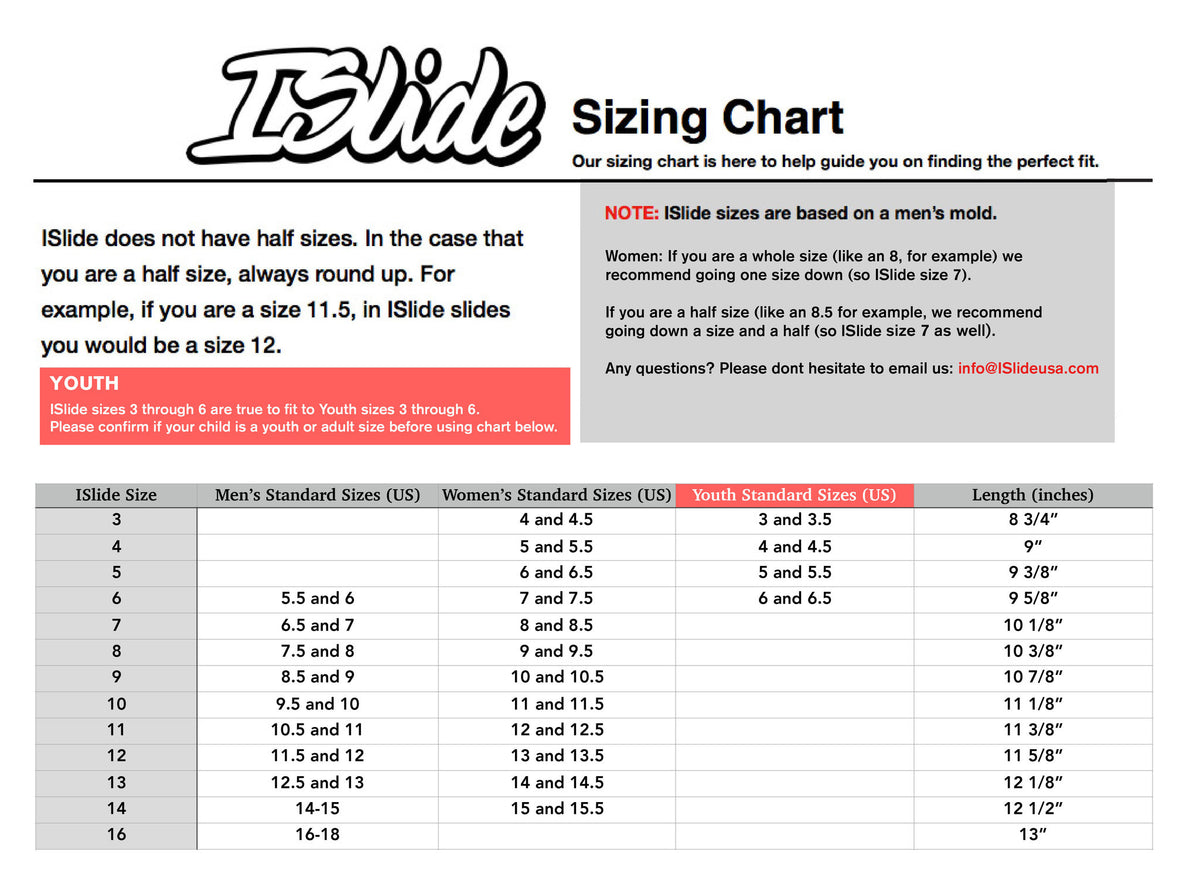 Islide size chart store