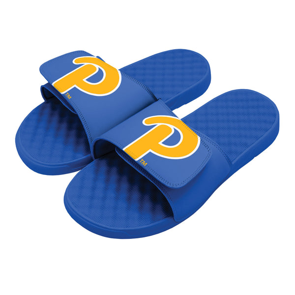 Royal blue and gold cheap nike slides